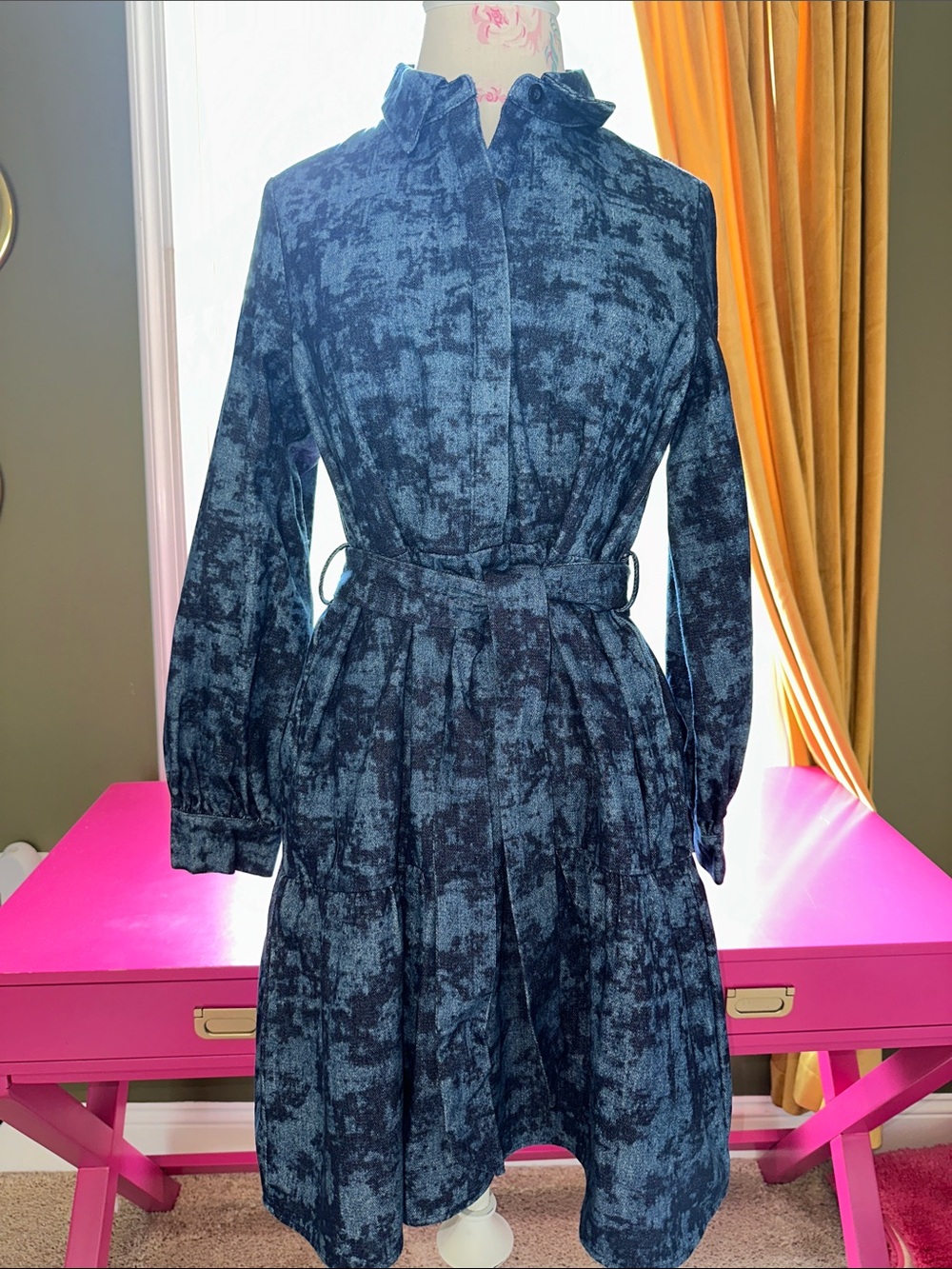 Textured Blue Long-Sleeve Shirt Dress with Tie Belt